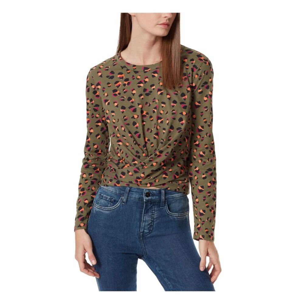 FRAYED JEANS Womens Green Twist Front Tie Printed Long Sleeve Crew Neck Top XS